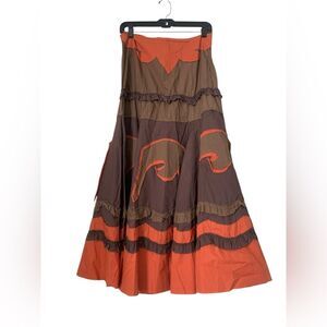 Boho Tiered Maxi Skirt Brown Orange Ruffle Trim High Waist Statement Cottagecore